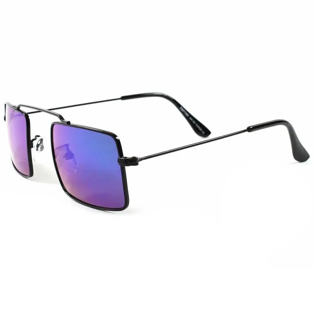 Small Rectangle Sunglasses Black Frame Blue Green Mirrored Lens Retro